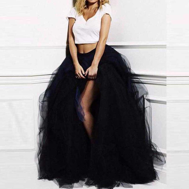 WDPL Women's Long Tulle Split Skirt Ruffles Prom Party Skirts Large Black - Image 2